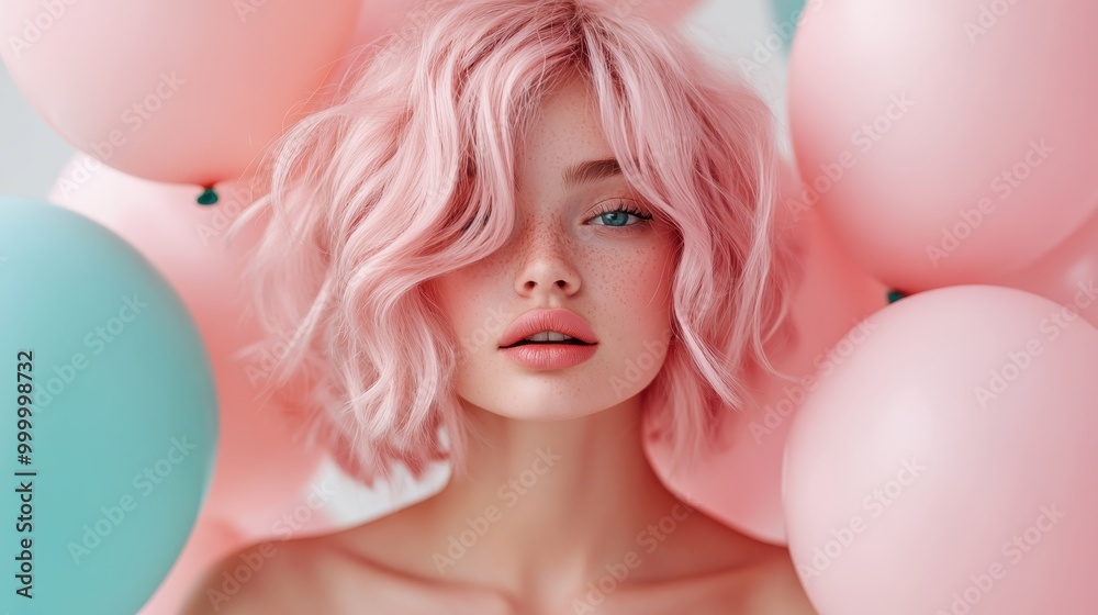 A portrait of a person with pink hair surrounded by pink balloons filling the room, exuding a chic and whimsical atmosphere that captures modern fashion trends. A portrait of a person with pink hair surrounded by pink balloons filling the room, exuding a chic and whimsical atmosphere that captures modern fashion trends.