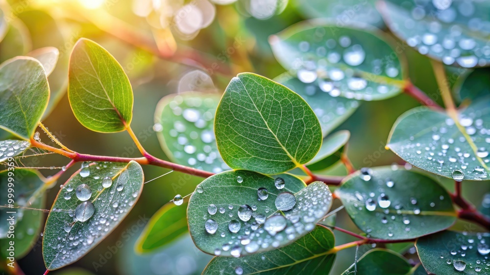Close-up of eucalyptus leaves covered in morning dew, reflecting the fresh and serene environment. Close-up of eucalyptus leaves covered in morning dew, reflecting the fresh and serene environment.
