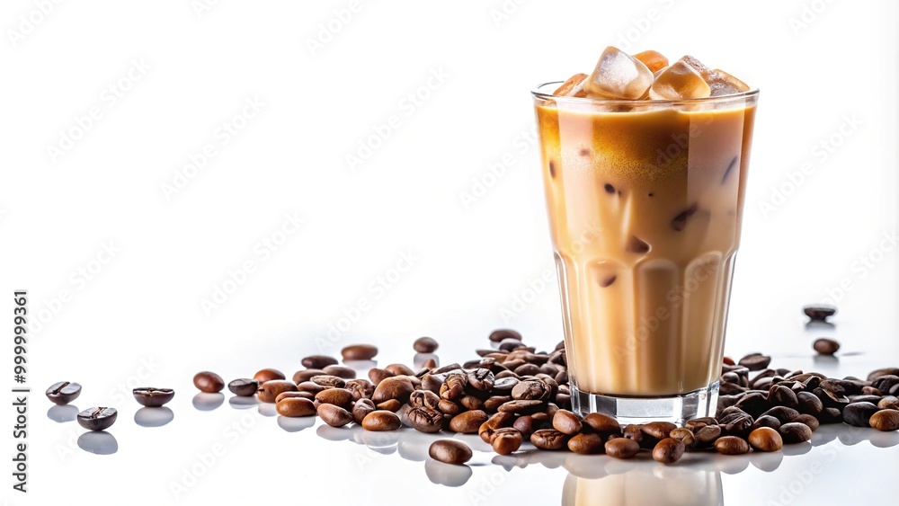 Iced latte coffee in a glass with coffee beans on white background Iced latte coffee in a glass with coffee beans on white background