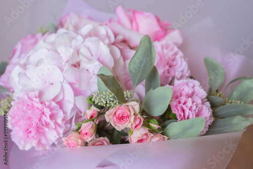 Wallpaper Mural Soft pink floral bouquet with roses and carnations wrapped in pastel paper Torontodigital.ca