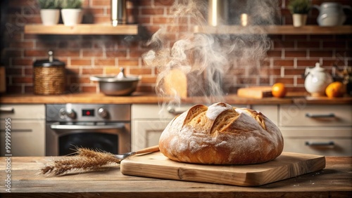  warm, freshly baked bread loaf with steam rising, set in a cozy kitchen environment, evoking a comforting aroma.