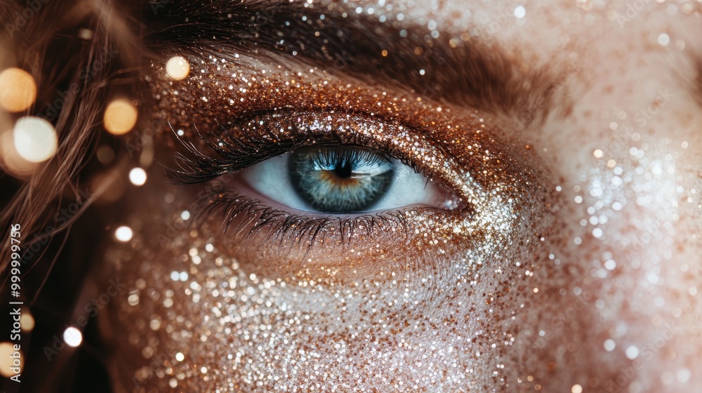 An extreme close-up shot showcasing an eye decorated with gold glitter makeup. The sparkle and shimmer accentuate the richness and glamour, radiating elegance. An extreme close-up shot showcasing an eye decorated with gold glitter makeup. The sparkle and shimmer accentuate the richness and glamour, radiating elegance.