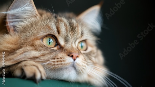 A relaxed cat lying down with a thoughtful expression on its face, capturing the beauty of the whiskers and green eyes, with a dark backdrop highlighting the subject.