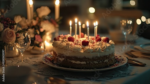 A close-up of a cake with candles on a decorated table, leaving room around for adding text.