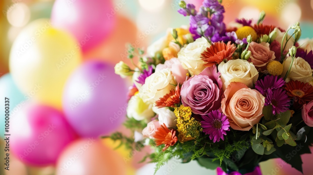 A close-up of a celebratory bouquet with balloons in the background, with space around for copy. A close-up of a celebratory bouquet with balloons in the background, with space around for copy.