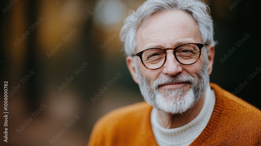 An elderly man with glasses smiles gracefully, set in a scenic forest during autumn, creating a serene moment filled with the warmth of golden light and peace. An elderly man with glasses smiles gracefully, set in a scenic forest during autumn, creating a serene moment filled with the warmth of golden light and peace.