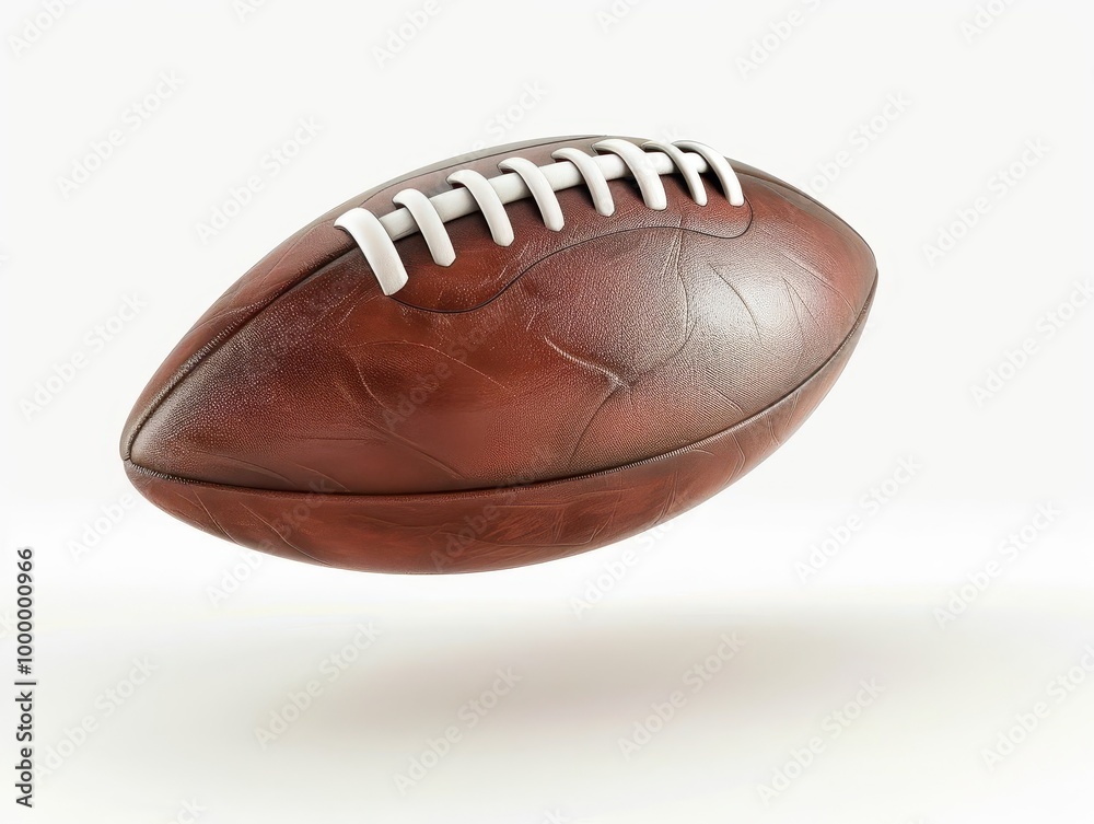 Dynamic 3D render of an American football in mid-flight, showcasing detailed leather texture, laces, and aerodynamic motion blur against a clean white backdrop Dynamic 3D render of an American football in mid-flight, showcasing detailed leather texture, laces, and aerodynamic motion blur against a clean white backdrop