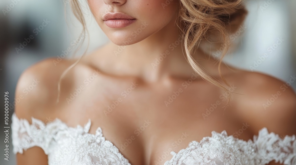 A close-up view of an elegant woman wearing an off-shoulder bridal gown with detailed lace patterns, showcasing sophistication and beauty. Her hair is styled in loose curls. A close-up view of an elegant woman wearing an off-shoulder bridal gown with detailed lace patterns, showcasing sophistication and beauty. Her hair is styled in loose curls.