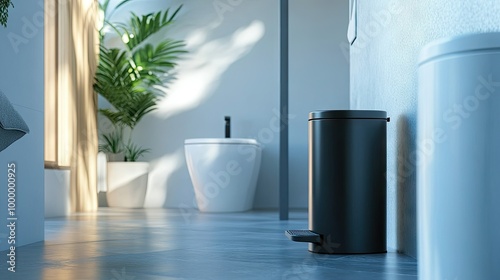 A close-up of a pedal bin in a modern bathroom, with ample space for copy on the side. photo