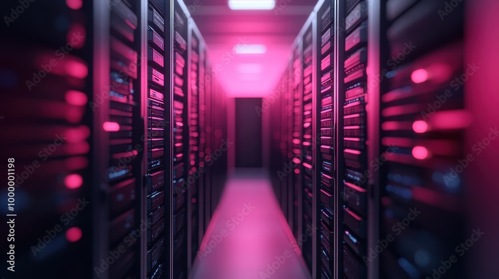 A futuristic data center featuring a row of server racks illuminated with pink lighting, creating a modern tech ambiance essential for high-performance computing.