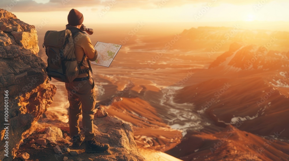 Adventurer with Map on Mountaintop Adventurer with Map on Mountaintop