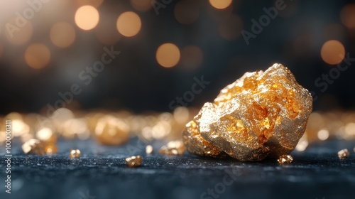 An artful shot of a glittery golden nugget surrounded by smaller scattered gold dust particles, with a soft-focused, bokeh background creating a magical ambiance. photo