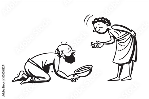Begging scene with cup, ancient social scene sketch, characters in simple expressive line art vector