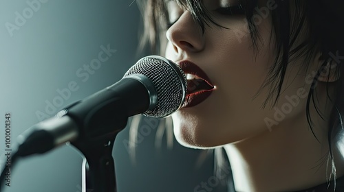 A close-up of a singer passionately singing into a microphone with a clean background, offering plenty of space for adding text.