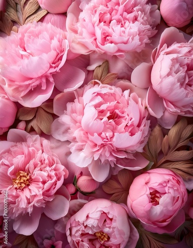 huge bouquet of pink color peonies. background of pink peonies. Top view