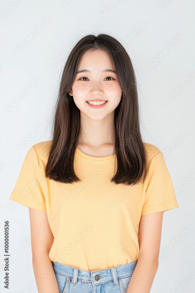 Photo of Asian girl with short hair, smiling, happy, excited, delighted, plain color background. Photo of Asian girl with short hair, smiling, happy, excited, delighted, plain color background.
