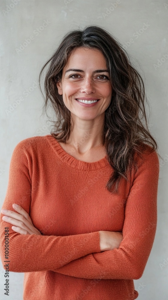 Confident woman with radiant smile and wavy brunette hair poses in a cozy orange sweater against a neutral background, exuding warmth and approachability. Confident woman with radiant smile and wavy brunette hair poses in a cozy orange sweater against a neutral background, exuding warmth and approachability.