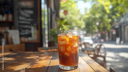 Refreshing iced coffee on wooden table in outdoor cafe
