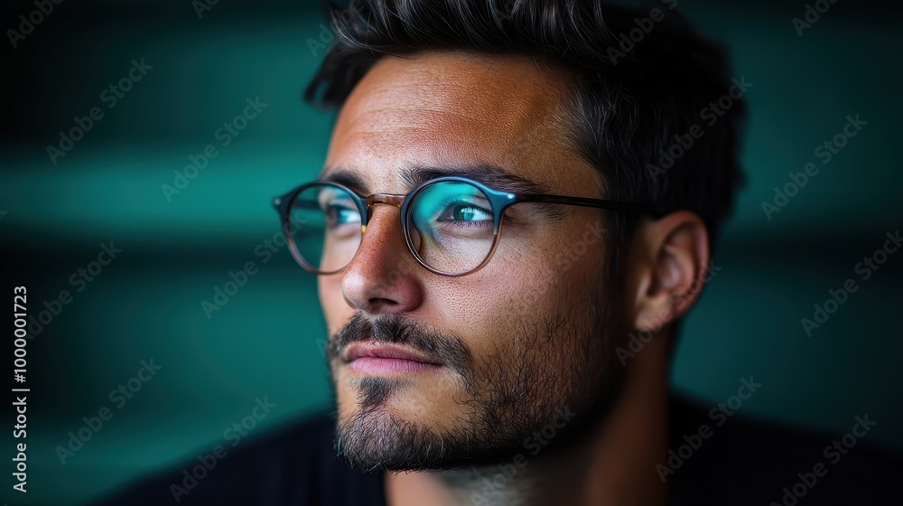 A handsome man with glasses gazes intently into the distance, suggesting dreams and ambitions in a softly lit, artistic photographic style. A handsome man with glasses gazes intently into the distance, suggesting dreams and ambitions in a softly lit, artistic photographic style.