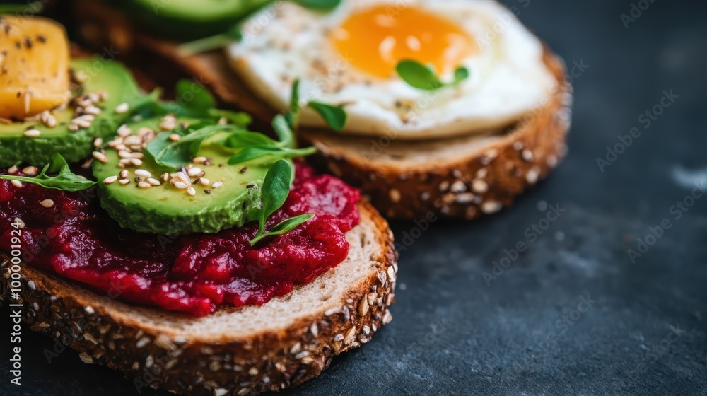 Rustic whole-grain bread topped with creamy avocado slices, vibrant beet spread, and a sunny-side-up egg, garnished with sesame seeds and microgreens. Rustic whole-grain bread topped with creamy avocado slices, vibrant beet spread, and a sunny-side-up egg, garnished with sesame seeds and microgreens.