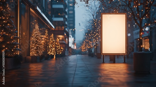 Blank billboard mockup on the street with christmas decorations on the street