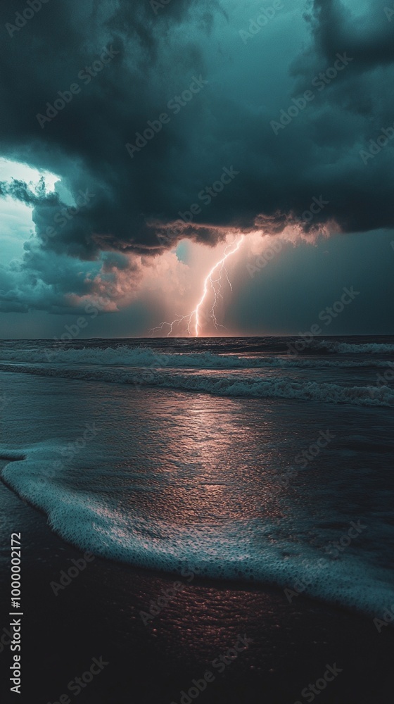 Dramatic lightning bolt strikes the ocean during a turbulent storm, illuminating dark clouds and choppy waves with an ethereal teal glow on the horizon. Dramatic lightning bolt strikes the ocean during a turbulent storm, illuminating dark clouds and choppy waves with an ethereal teal glow on the horizon.