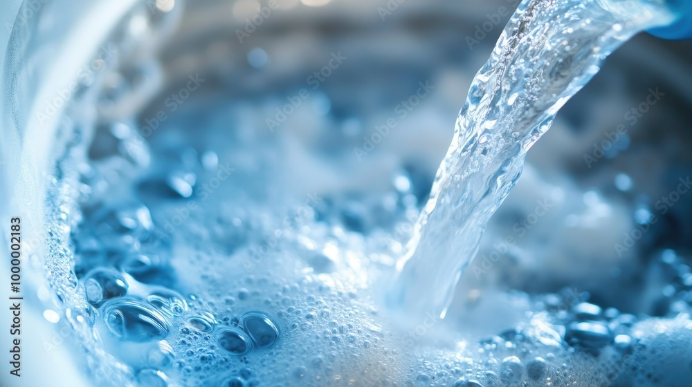A close-up of detergent pouring into a washing machine, with a neutral background for copy. A close-up of detergent pouring into a washing machine, with a neutral background for copy.