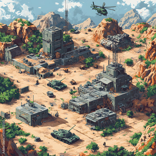 A pixel art military base set in a rugged desert landscape, featuring various military structures, vehicles, and a helicopter. The image evokes a sense of conflict and tension.