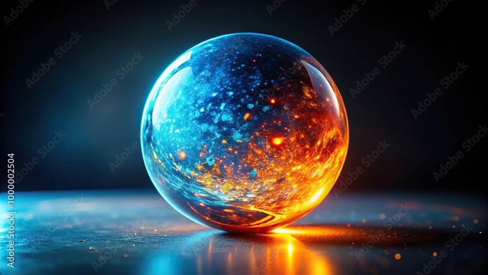 Illuminated glowing blue orange glass stone crystal sphere dark background silhouette Illuminated glowing blue orange glass stone crystal sphere dark background silhouette