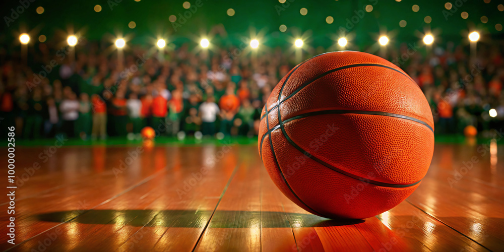 Artistic image of a basketball on the court floor. Artistic image of a basketball on the court floor.