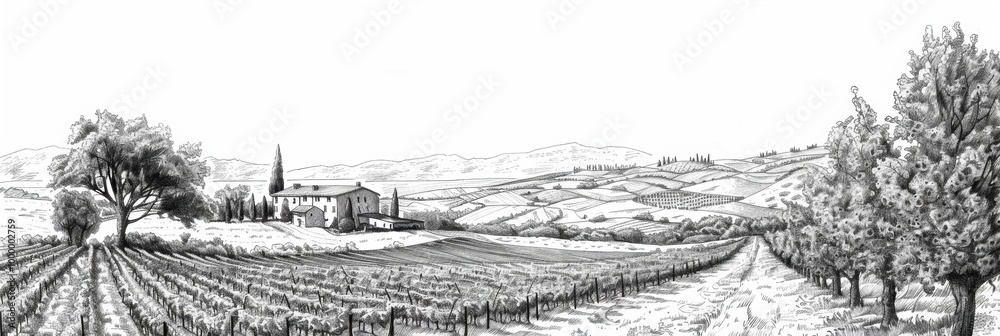Beautiful landscape of grape plantation farm land winery. Line art drawing