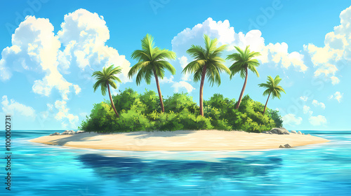 Beautiful tropical island with palm trees and beach panorama as background image. Tropical Lagoon. Illustration