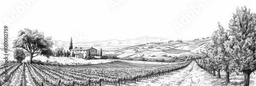 Obraz na płótnie Beautiful landscape of grape plantation farm land winery. Line art drawing w salonie