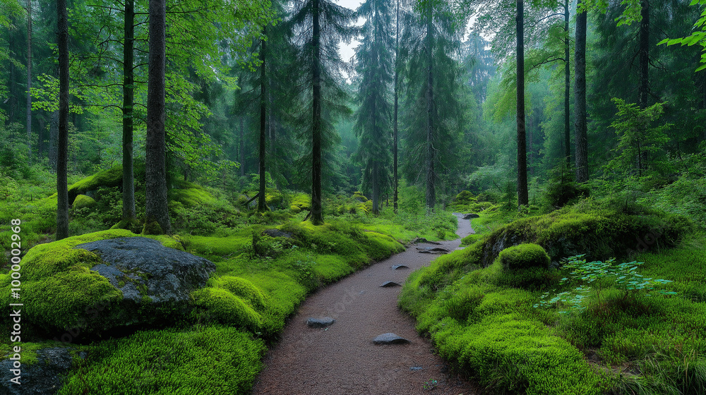 Nature reserve with a dirt footpath winding through thick forest, large mossy rocks and towering trees under the summer light Nature reserve with a dirt footpath winding through thick forest, large mossy rocks and towering trees under the summer light