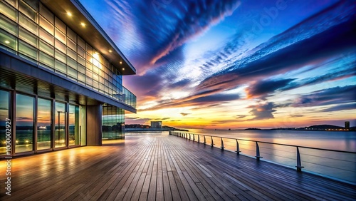Illuminated sky and waterfront building with leading lines