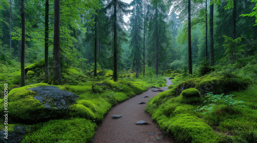 Nature reserve with a dirt footpath winding through thick forest, large mossy rocks and towering trees under the summer light