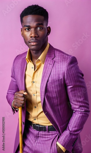 Young Adult Black Man Holding a Stick in Studio Setting
 photo