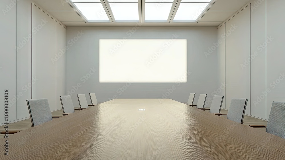 Obraz premium A conference table in an empty boardroom, with a large blank wall for text placement