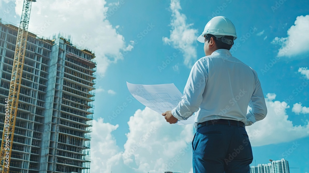 A construction manager reviewing plans with a backdrop of a building site, with space for adding copy. A construction manager reviewing plans with a backdrop of a building site, with space for adding copy.