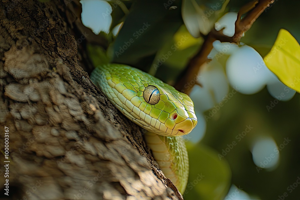 Fototapeta premium Green Snake on a tree .generative ai