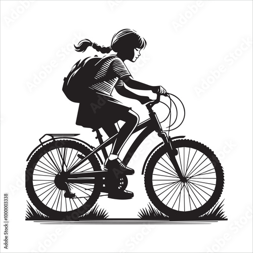 A young girl rides a bicycle vector illustration silhouette