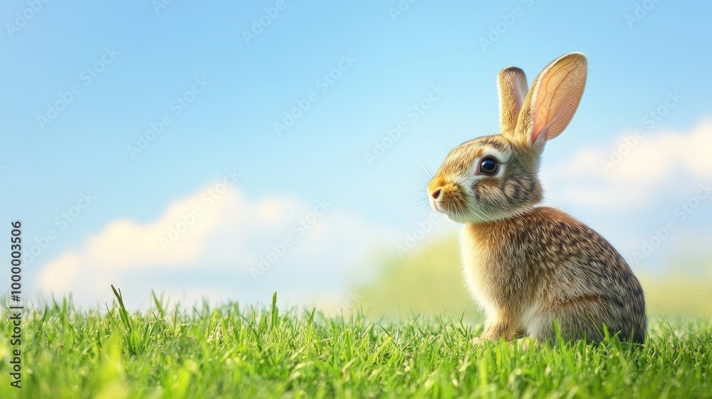 Obraz premium A cute rabbit sitting in a field of fresh grass, with a clear blue sky in the background offering ample space for text.