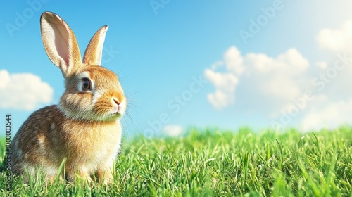 A cute rabbit sitting in a field of fresh grass, with a clear blue sky in the background offering ample space for text.