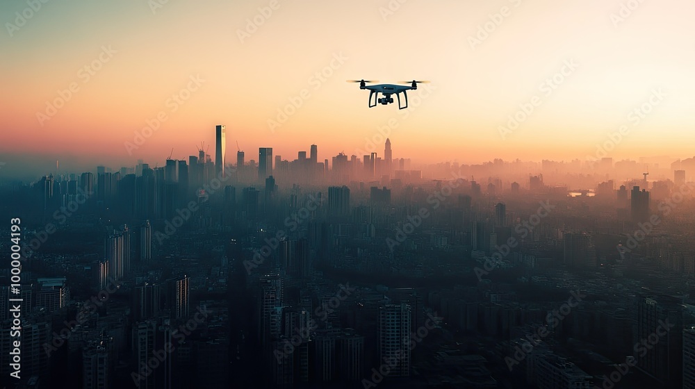 A drone flying high over a cityscape with a clear sky providing space for text. A drone flying high over a cityscape with a clear sky providing space for text.