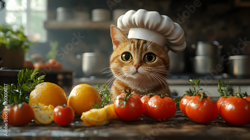 A cute cat dressed as a chef surrounded by fresh vegetables in a cozy kitchen, perfect for food lovers and pet enthusiasts. photo