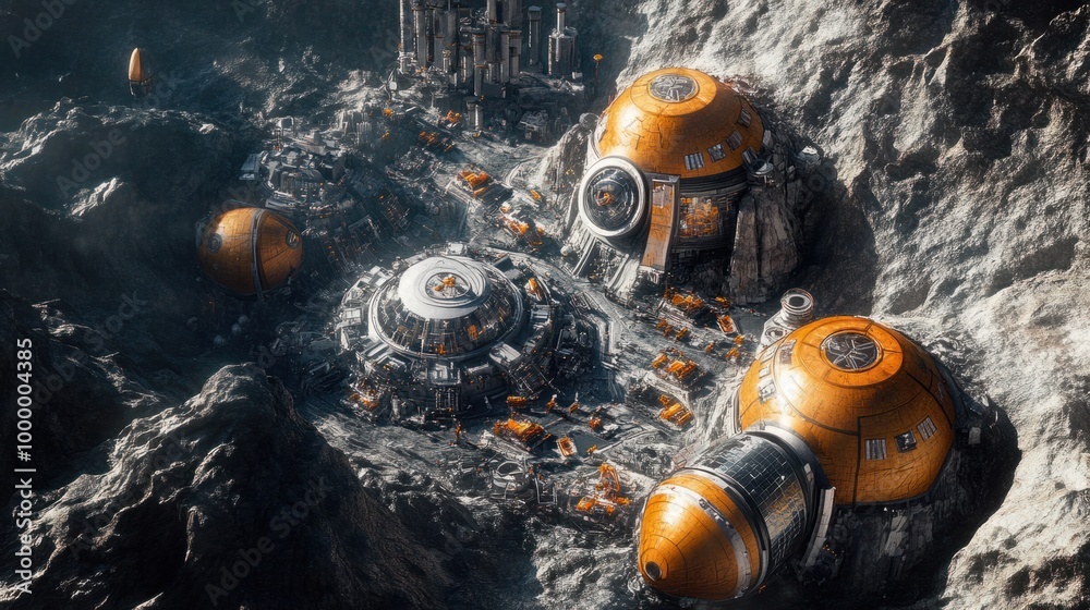 An aerial view of a fictional asteroid colony, depicting human settlements and technology in space An aerial view of a fictional asteroid colony, depicting human settlements and technology in space