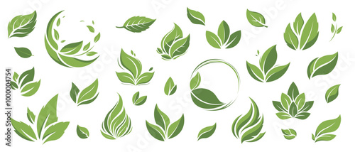 Set of green leaf icons. Green color. Leafs green color icon logo. Leaves on white background. Ecology. Vector illustration. Vegan, eco, bio, organic, fresh, healthy, wellness, body Earth care concept