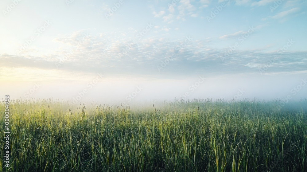 A field of tall grass partially hidden by a sea of fog, with a clear sky above and fog-covered ground for text placement. A field of tall grass partially hidden by a sea of fog, with a clear sky above and fog-covered ground for text placement.
