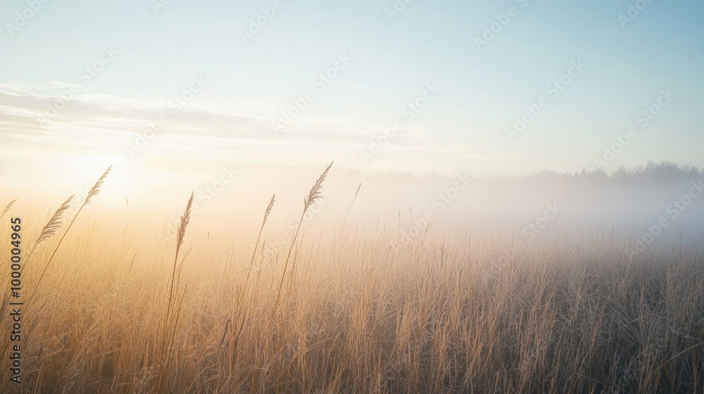 A field of tall grass partially hidden by a sea of fog, with a clear sky above and fog-covered ground for text placement. A field of tall grass partially hidden by a sea of fog, with a clear sky above and fog-covered ground for text placement.