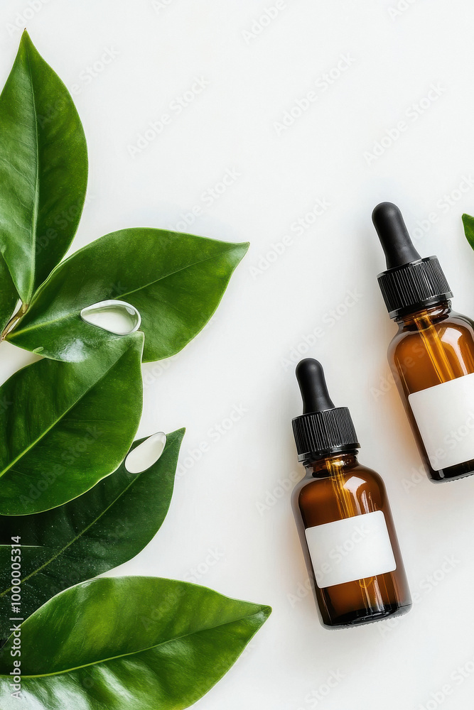 A flat lay composition featuring two bottles of face cream and oil dropper on the right side, surrounded by green leaves a white background. A flat lay composition featuring two bottles of face cream and oil dropper on the right side, surrounded by green leaves a white background.